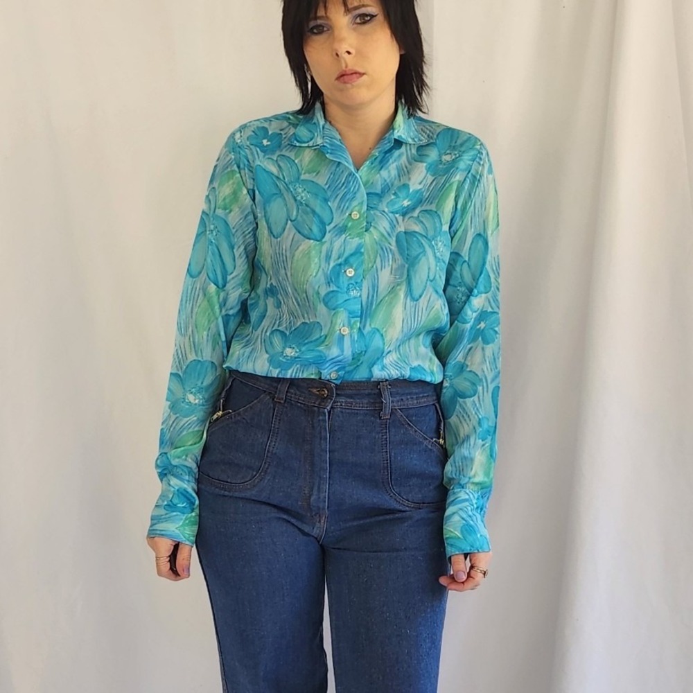 70s Blue and Green Floral‎ Blouse